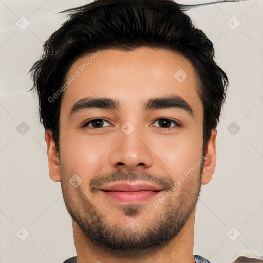 Joyful white young-adult male with short  black hair and brown eyes