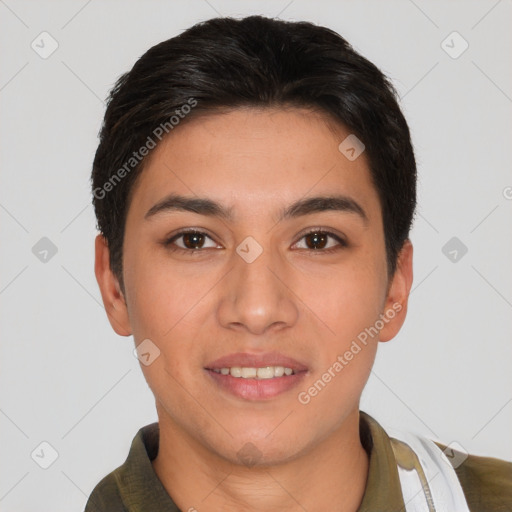 Joyful white young-adult female with short  brown hair and brown eyes