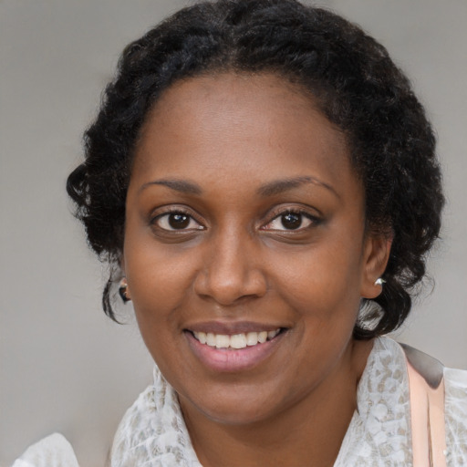 Joyful black young-adult female with medium  brown hair and brown eyes