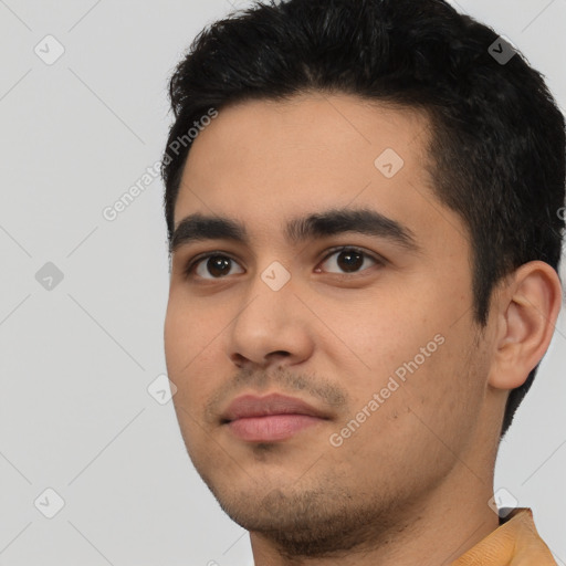 Neutral latino young-adult male with short  black hair and brown eyes