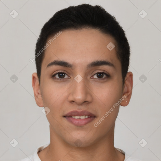 Joyful latino young-adult female with short  brown hair and brown eyes