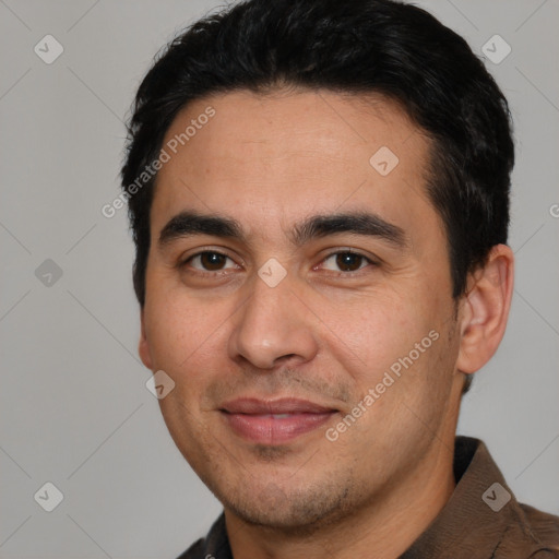 Joyful white young-adult male with short  black hair and brown eyes