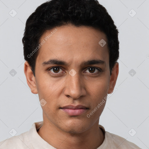 Neutral white young-adult male with short  black hair and brown eyes