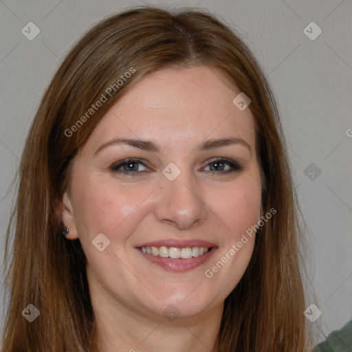 Joyful white young-adult female with long  brown hair and grey eyes