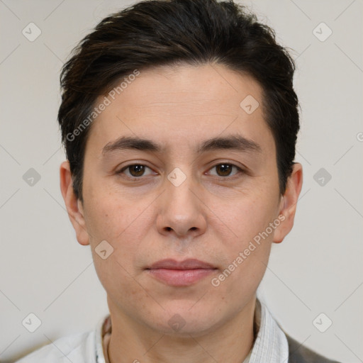 Joyful white young-adult male with short  brown hair and brown eyes