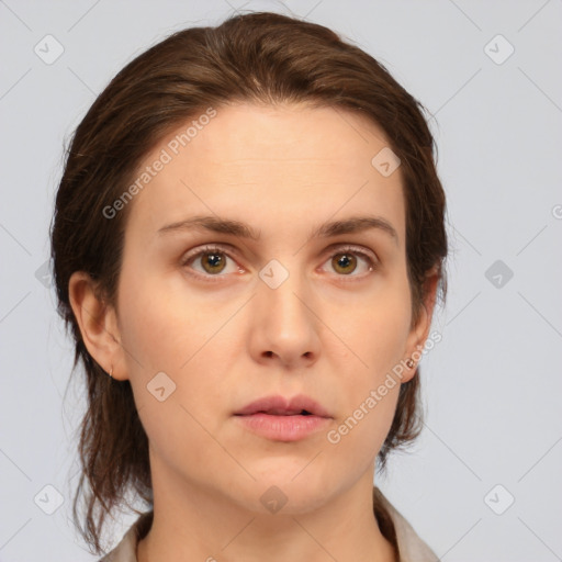 Neutral white young-adult female with medium  brown hair and brown eyes