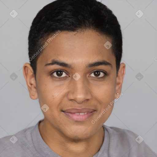 Joyful black young-adult male with short  brown hair and brown eyes