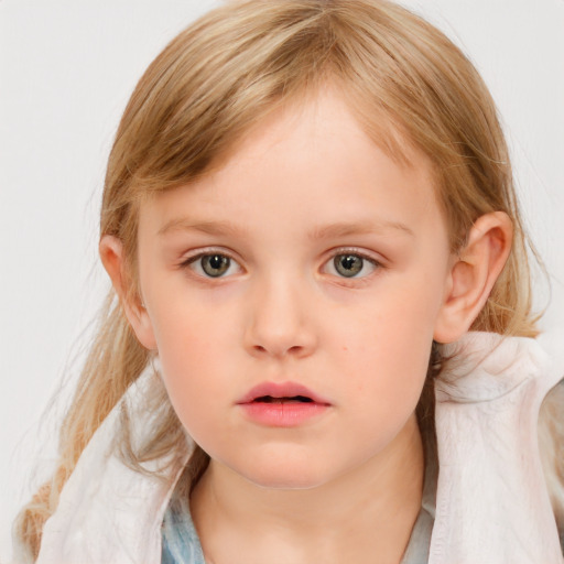 Neutral white child female with medium  brown hair and blue eyes