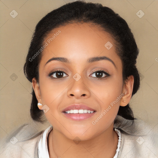 Joyful latino young-adult female with long  black hair and brown eyes