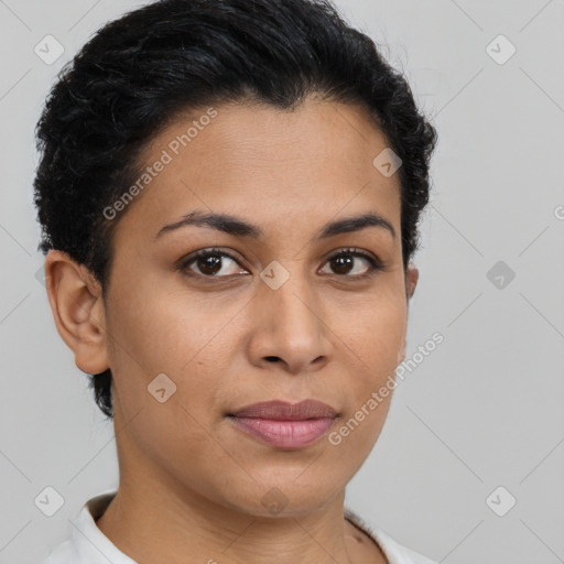 Joyful latino young-adult female with short  brown hair and brown eyes