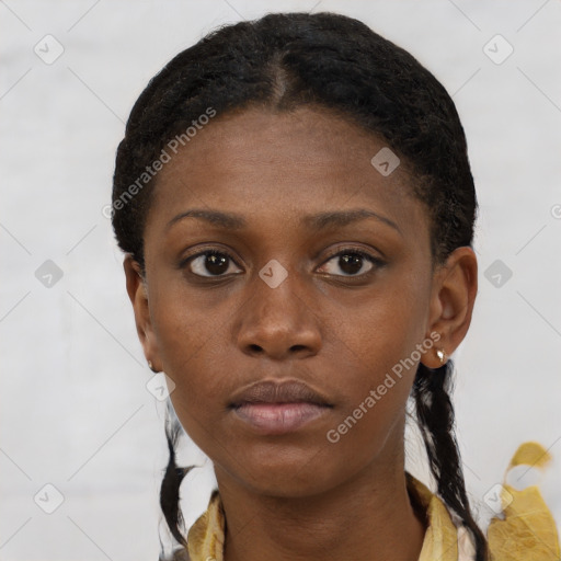 Neutral black young-adult female with short  brown hair and brown eyes