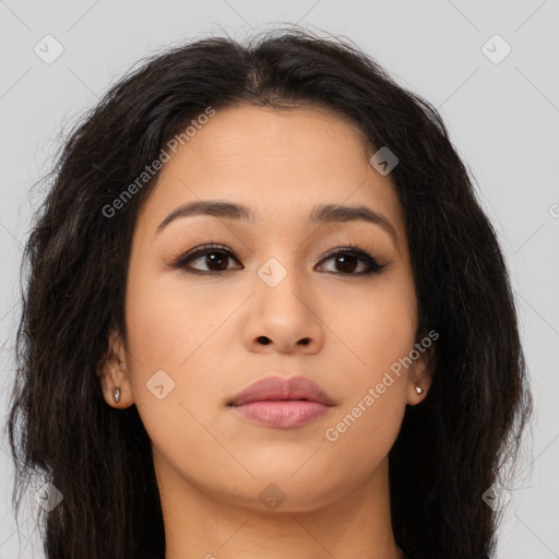 Neutral asian young-adult female with long  brown hair and brown eyes