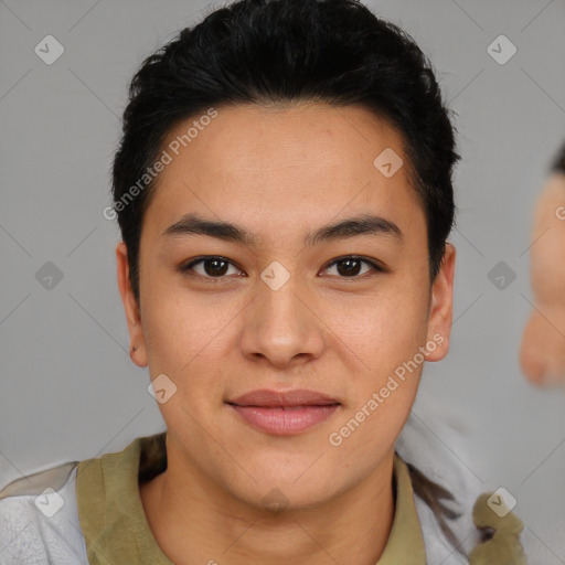 Joyful asian young-adult male with short  brown hair and brown eyes