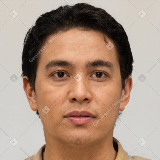 Neutral asian young-adult male with short  brown hair and brown eyes