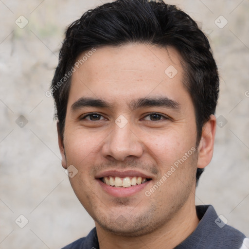 Joyful white young-adult male with short  black hair and brown eyes