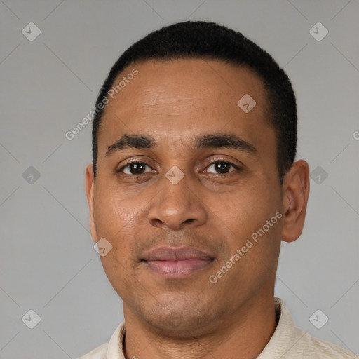 Neutral latino young-adult male with short  black hair and brown eyes