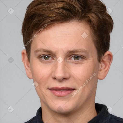 Joyful white young-adult female with short  brown hair and blue eyes