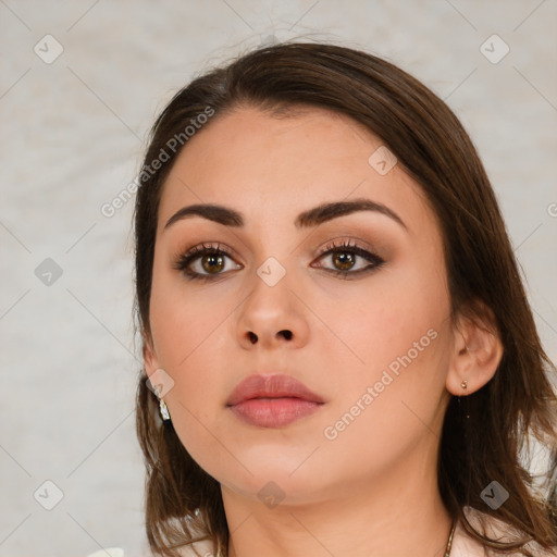 Neutral white young-adult female with medium  brown hair and brown eyes