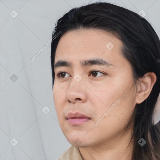 Neutral asian young-adult male with long  black hair and brown eyes