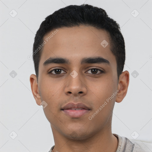 Neutral latino young-adult male with short  black hair and brown eyes