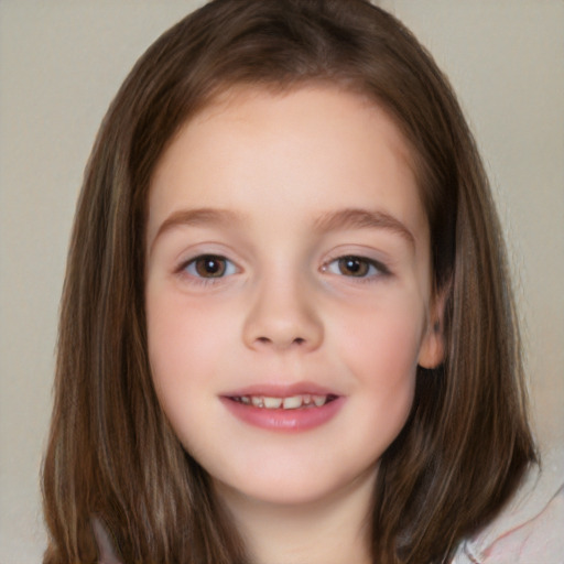 Joyful white child female with long  brown hair and brown eyes