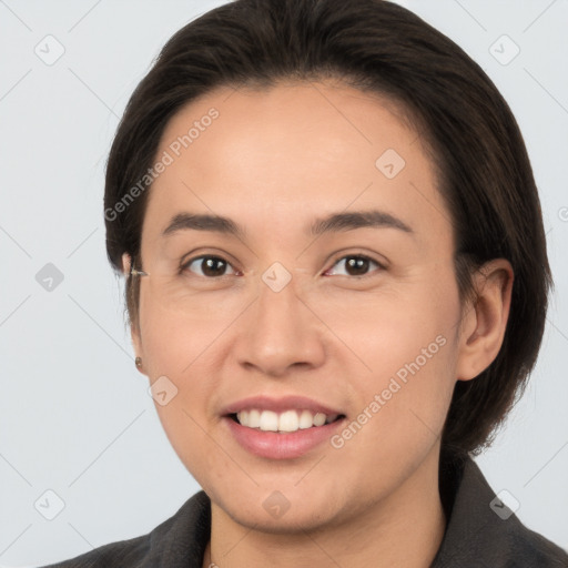 Joyful white young-adult female with medium  brown hair and brown eyes