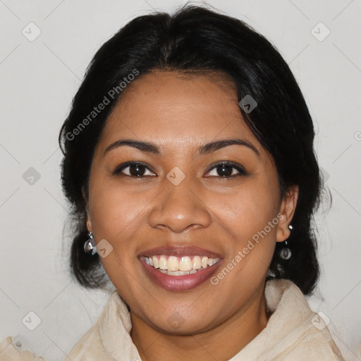 Joyful latino young-adult female with medium  black hair and brown eyes