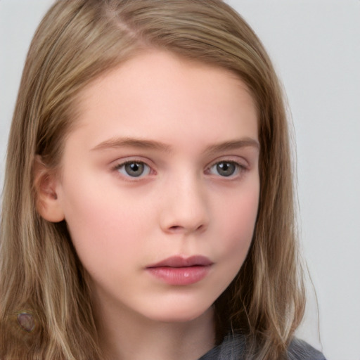 Neutral white child female with long  brown hair and grey eyes