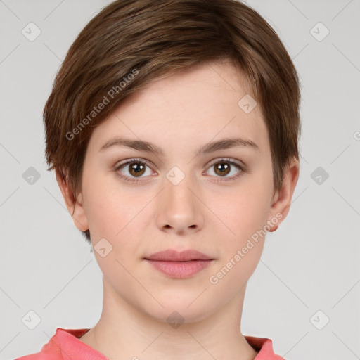 Neutral white young-adult female with short  brown hair and brown eyes