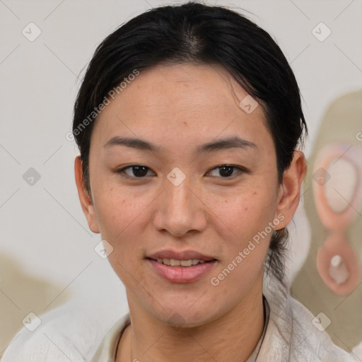 Joyful white adult female with short  brown hair and brown eyes