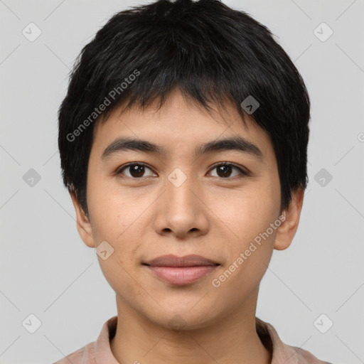 Joyful asian young-adult male with short  black hair and brown eyes