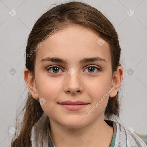 Joyful white child female with medium  brown hair and brown eyes