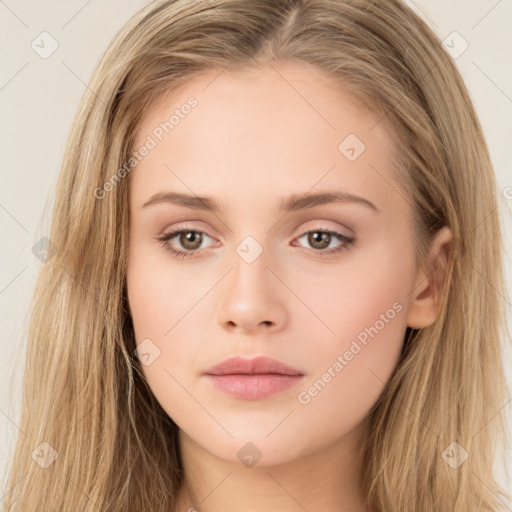 Neutral white young-adult female with long  brown hair and brown eyes