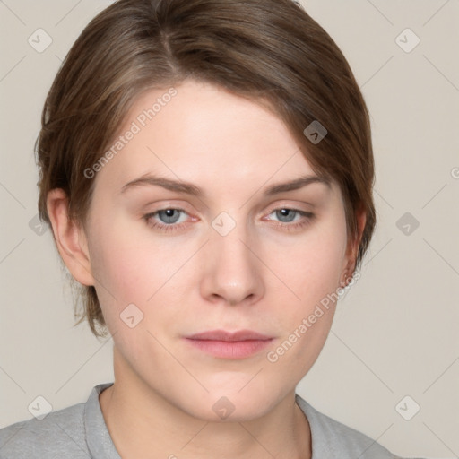 Neutral white young-adult female with medium  brown hair and grey eyes