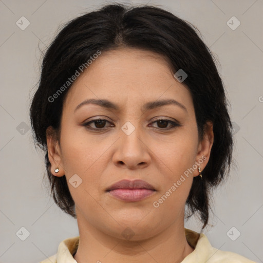 Joyful latino adult female with medium  brown hair and brown eyes