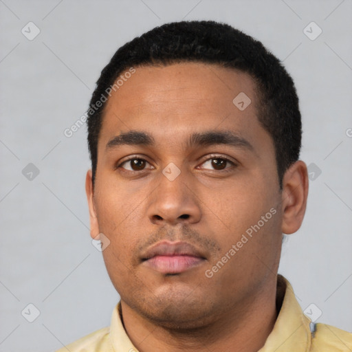 Neutral latino young-adult male with short  black hair and brown eyes
