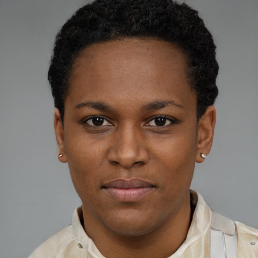 Neutral latino young-adult female with short  black hair and brown eyes