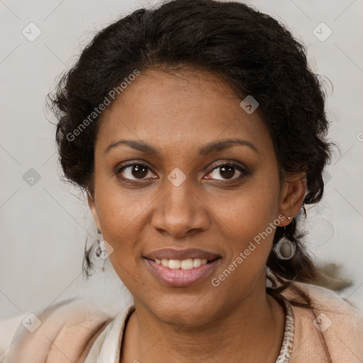 Joyful black young-adult female with medium  brown hair and brown eyes