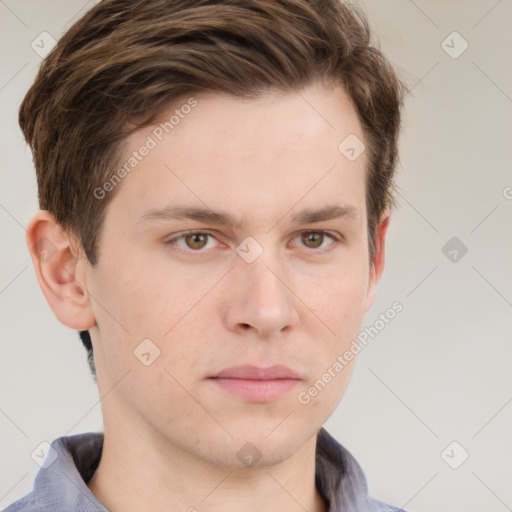 Neutral white young-adult male with short  brown hair and grey eyes