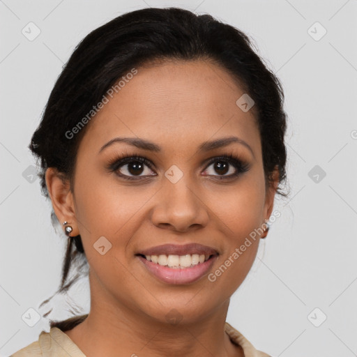 Joyful latino young-adult female with medium  brown hair and brown eyes