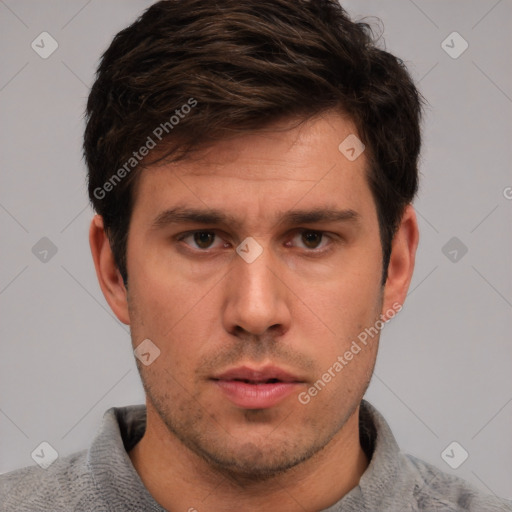 Neutral white young-adult male with short  brown hair and grey eyes