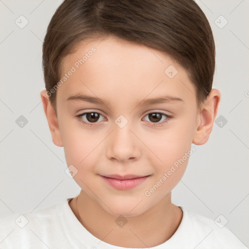 Joyful white child female with short  brown hair and brown eyes