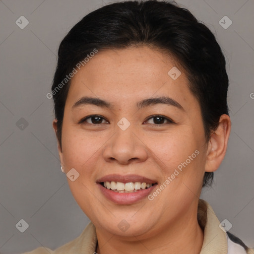 Joyful asian young-adult female with short  brown hair and brown eyes