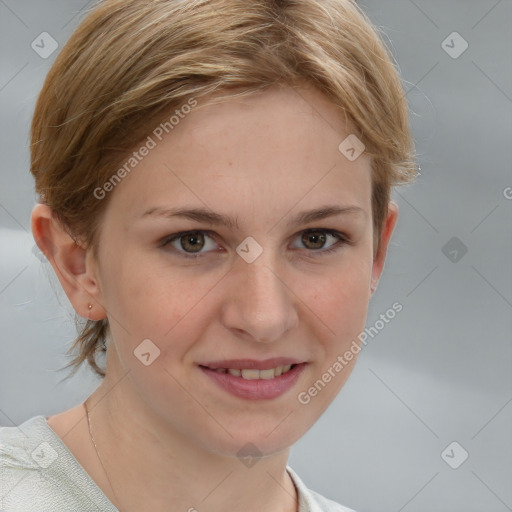 Joyful white young-adult female with medium  brown hair and grey eyes