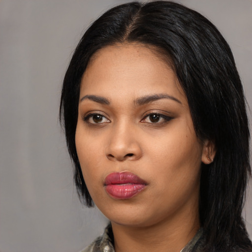 Neutral asian young-adult female with long  black hair and brown eyes