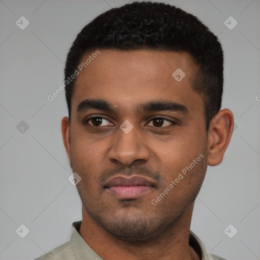 Neutral black young-adult male with short  black hair and brown eyes