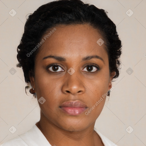 Neutral black young-adult female with short  black hair and brown eyes