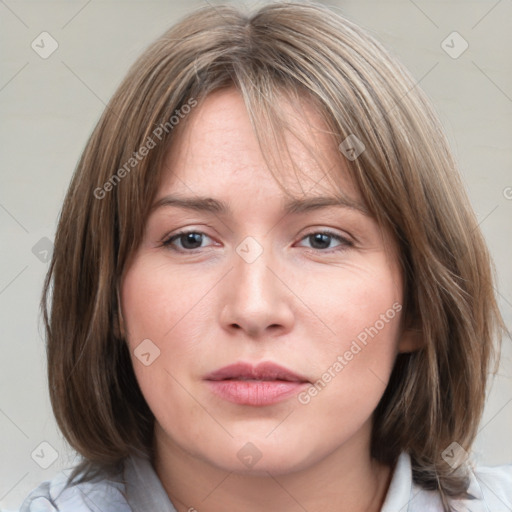 Neutral white young-adult female with medium  brown hair and grey eyes