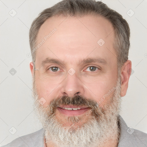 Joyful white adult male with short  brown hair and grey eyes