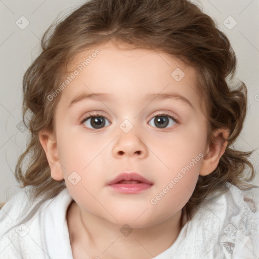 Neutral white child female with medium  brown hair and blue eyes